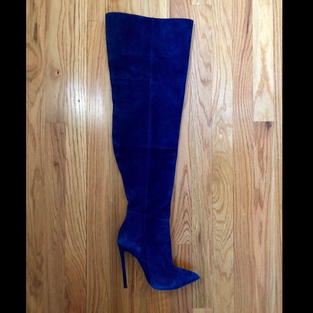 Blue suede thigh high boots